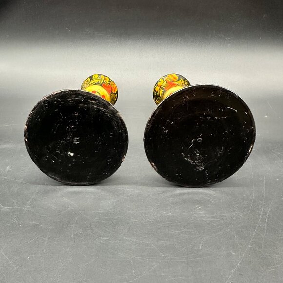 Vintage Khokhloma Candlesticks Hand Painted Russian Floral Fruit Folk Art Wooden - Picture 7 of 12